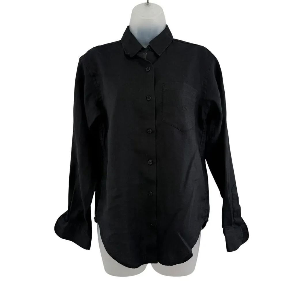Lauren Ralph Lauren Women Linen Button Up Shirt Petite 4 Black Shirt Long Sleeve